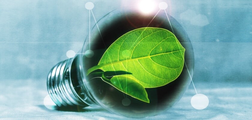 Ilustrācija zaļajai enerģijai - spuldze ar zaļu lapiņu.